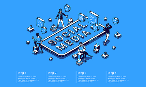 Social media isometric infographic concept with tiny characters using gadgets, working on computer, communicate and chatting in internet networks around huge smartphone 3d vector line art infographics