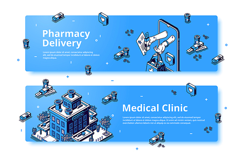 Medical clinic, pharmacy delivery isometric banner. Human hands give bag with drugs from smartphone screen, hospital building. Healthcare online service, business 3d vector line art web header, footer