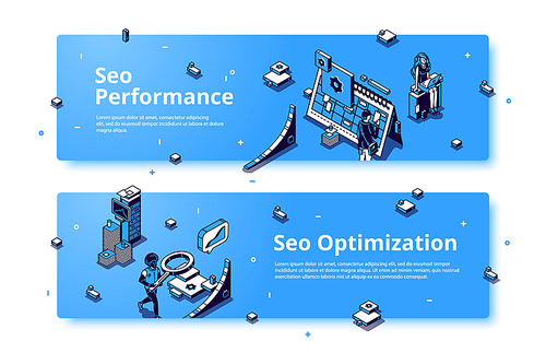 SEO performance and optimization isometric banner. Technology for internet marketing and digital business content. Tiny people with office stuff workflow process, 3d vector line art web header, footer