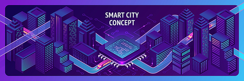 Smart city isometric banner, ai trains driving through hub with microcircuit elements, neon glowing buildings and modern urban architecture, artificial intelligence technology 3d vector illustration