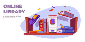 Online library service, smartphone stand on shelf with books, mobile phone with application for reading and studying, digital internet technologies in education, app for learning Cartoon vector banner