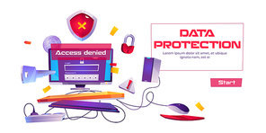 Data protection banner with computer and access denied notification. Hacker attack, antivirus, firewall cyber security, computing internet network secure digital technology cartoon vector illustration