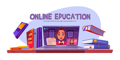 Online education banner with teacher conduct webinar for student remotely, girl studying via internet. Tutor teaching distant, video training technology, computer software, cartoon vector illustration