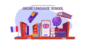 Online language school banner. Concept of digital training foreign languages, distance study. Vector cartoon illustration of shelf with books, english dictionary, globe and smartphone