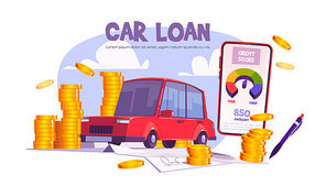 Credit score for car loan cartoon banner, auto financing concept. Automobile stand at huge coin piles, signed paper and smartphone with banking app, service for vehicle purchase, vector illustration
