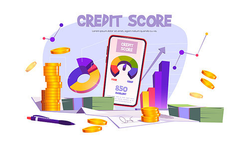 Credit score mobile application with rating scale from bad to good rate. Vector banner with cartoon illustration with loan meter on smartphone screen, graph and money