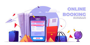 Online booking cartoon banner, tickets reservation service application on mobile phone screen. Suitcase, world map, globe and egyptian pyramid with Gps pin, internet technologies vector illustration