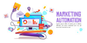 Marketing automation banner. Technology for SEO, internet, digital business content. robot Computer desktop with robot hands holding office attributes and media icons. Cartoon vector illustration