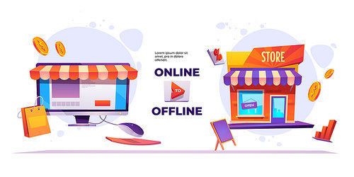 Online to offline banner. O2O sales system, ecommerce and retail business. Vector landing page of marketing strategy with cartoon illustration of shop building and online market on computer screen