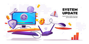 System update banner, computer software install process, improvement, change new version, upgrade program. Data network installation, desktop with wrench, shield, router Cartoon vector poster template