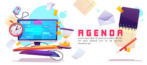 Agenda banner. Schedule planner, appointment events and daily work. Vector cartoon illustration with organizer on computer screen, clock, hourglass and paper notes. Concept of control business tasks