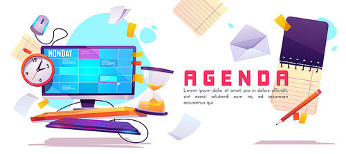 Agenda banner. Schedule planner, appointment events and daily work. Vector cartoon illustration with organizer on computer screen, clock, hourglass and paper notes. Concept of control business tasks