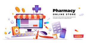 Pharmacy online store banner. Online drugstore service. Vector cartoon illustration with pharma shop website on computer screen, drugs and pills on white background