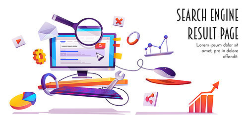 Search engine result page, SERP banner. Computer monitor with website browser information on screen, magnifying glass and infographic elements, internet surfing algorithm, Cartoon vector illustration