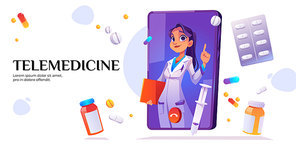 Telemedicine banner. Medical online consultation with doctor on mobile phone screen. Vector landing page of telehealth services with cartoon smartphone, call with nurse, pills and drugs