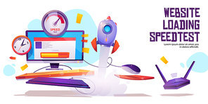 Website loading speed test banner. Internet site quick traffic optimization engine plugin testing. Computer desktop with web page, speedometer, clock, wifi router and rocket Cartoon vector poster