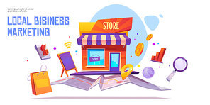 Local business marketing banner template. Seo, start up project financing support service. Small business, shop or store building stand on map. Market construction city project, cartoon illustration