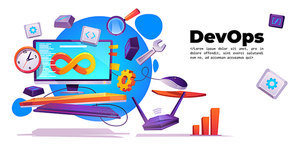 DevOps banner. Concept of development operations. Vector landing page of project integration with cartoon illustration of computer screen with lifecycle infinity sign, clock and router