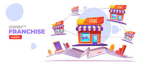 Franchise banner. Expanding SME business model concept. Vector landing page of growth brand chain store, franchising system with cartoon illustration of shop buildings and map on white background