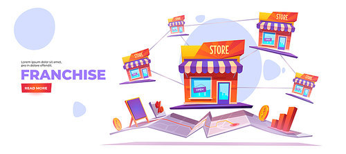 Franchise banner. Expanding SME business model concept. Vector landing page of growth brand chain store, franchising system with cartoon illustration of shop buildings and map on white background