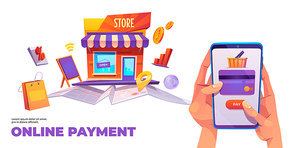 Online payment banner. Human hands holding smartphone with credit card and shopping cart on screen. Smart wallet, purse app, connected secure money internet transaction. Cartoon vector illustration
