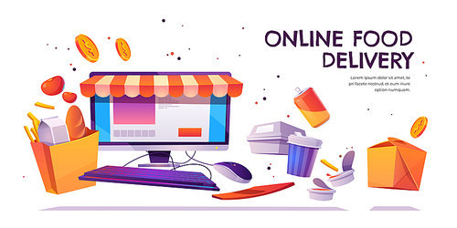 Online food delivery banner. Service for grocery order via internet and digital application. Computer desktop with shop canopy, fastfood meals and shopping bag with goods, Cartoon vector illustration
