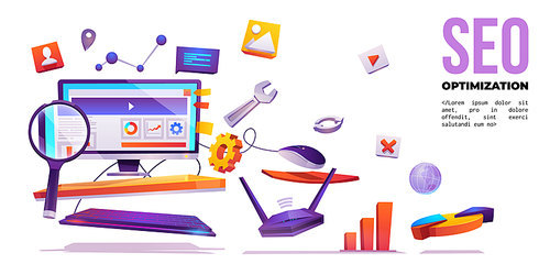 SEO optimization banner. Technology for internet marketing and digital business content. Computer desktop with wrench, magnifier, cogwheel and media icons around, Cartoon vector illustration, poster