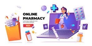 Online pharmacy banner. Online drugstore service. Vector cartoon banner with woman doctor or pharmacist on laptop screen, drugs, pills and buy button on white background