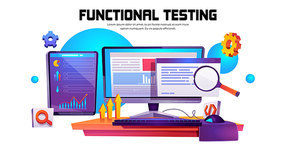 Functional testing banner. Methodology of programming, search errors and bugs in software, quality control of program or app. Vector cartoon illustration of function test with computer screen
