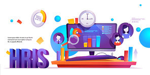 Hris, human resources information system cartoon banner. IT and HR technologies, computer screen with column chart, magnifier and software for employees organization and store data vector web poster