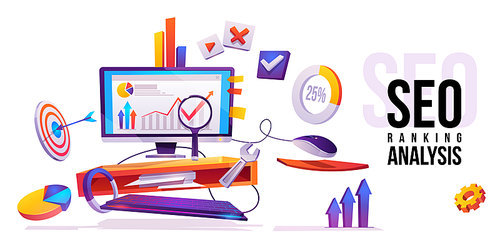 SEO ranking analysis banner. Technology for internet marketing and digital business content. Computer desktop with wrench, magnifier, graphs and media icons around, Cartoon vector illustration, poster