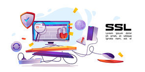 SSL, secure certificate of website banner. Concept of safety internet technology, data encryption protocol. Vector cartoon illustration with browser on computer screen, shield with tick and padlock