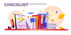 Checklist banner. Concept of paperwork organization and completed tasks. Vector cartoon illustration of questionnaire, survey or planning work with check list on clipboard