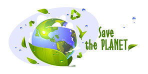 Save the planet cartoon banner with earth globe, green leaves, water drops and recycling symbol. Environment protection, renewable energy and sustainable development eco conservation vector concept