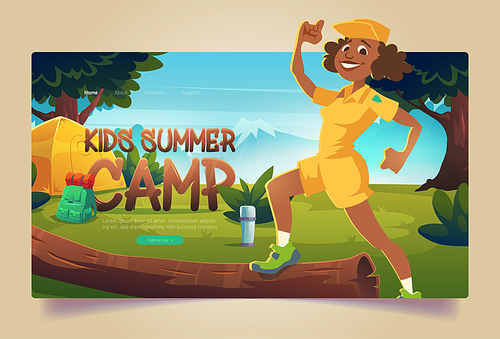 Kids summer camp cartoon landing page, cheerful counselor in boyscout uniform at hike forest camping with tent, vacuum flask and backpack. Summertime vacation, hiking activity, Vector web banner