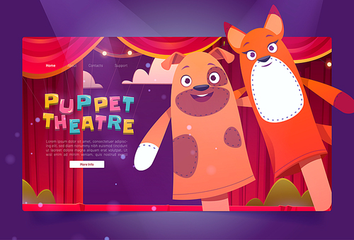 Puppet theater cartoon landing page with funny dolls perform show for children on stage with red curtains and illumination. Hand toys dog and fox theatrical performance for kids, Vector web banner