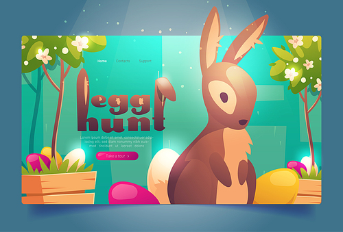 Egg hunt banner with cute bunny and flowers. Invitation to Easter celebration, spring holiday event. Vector landing page with cartoon illustration of colorful eggs in green grass and rabbit