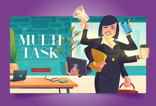 Multitask banner with business woman with many hands in office. Vector landing page of multitask concept with cartoon illustration of businesswoman with smartphone, laptop and documents in arms