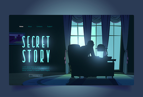 Secret story tour banner with spy investigates in night office. Adventure detective game in noir style. Vector landing page with cartoon illustration of man silhouette in work cabinet in moonlight