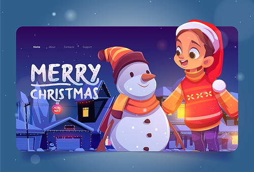 Merry Christmas cartoon landing page. Little girl in Santa hat and funny snowman at winter background with decorated cottage facades illuminated with garlands, eve scene with child, vector web banner