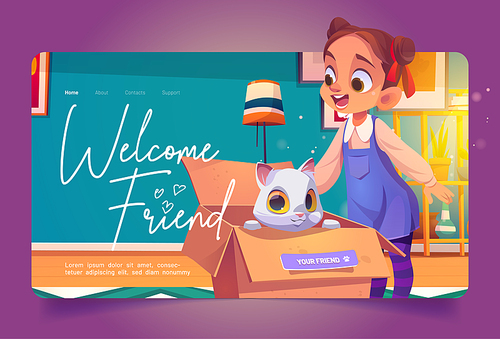 Welcome friend cartoon landing page. Happy little girl find kitten in carton box. Pets adoption, save a life of homeless cat, animal rescue, custody, support and love concept, Vector illustration