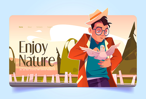 Enjoy nature banner with man caress white dove. Vector landing page with cartoon illustration of character in hat and glasses holding pigeon on hand in countryside