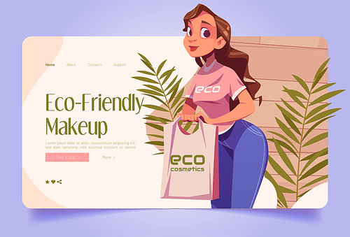 Eco-friendly makeup concept with illustration of woman shop assistant with eco cosmetics in bag. Vector landing page of beauty store with natural skincare products with cartoon girl seller