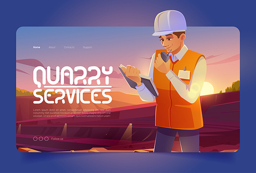 Quarry services banner with man in helmet working in opencast mine. Vector landing page of mining industry with cartoon illustration of engineer works in quarry