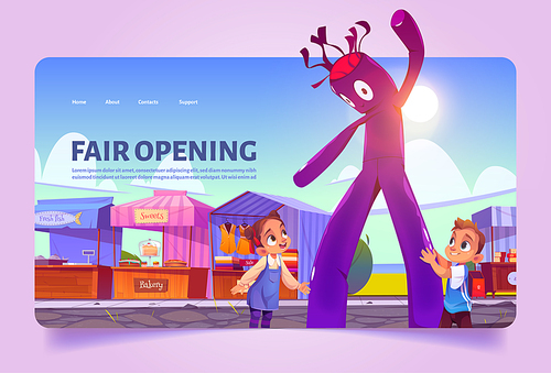 Fair opening cartoon landing page. Kids at outdoor market with air waky man, stalls, booths and kiosks with striped awning and production. Boy and girl children having joy and fun, vector illustration