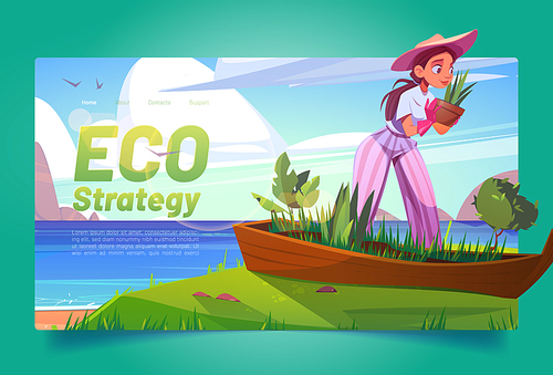 Eco strategy banner with woman planting flowers in old boat on sea beach. Vector landing page of environment conservation with cartoon summer landscape of sand ocean shore with broken ship in grass