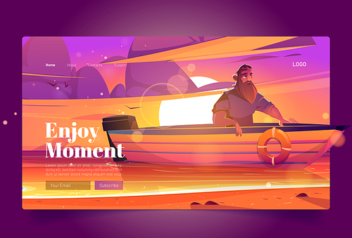 Enjoy moment banner with man in boat on sunset background. Vector landing page of tranquility rest at nature with cartoon illustration of landscape with lake, orange sky and person with beard in boat