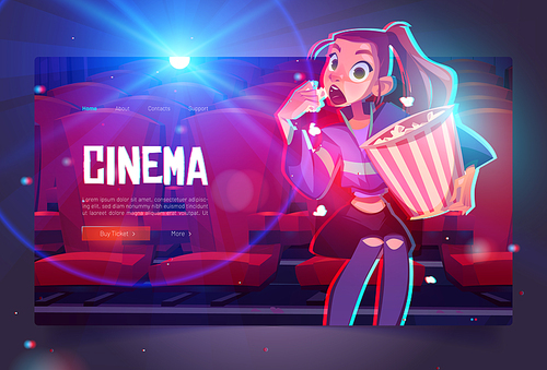 Cinema cartoon web banner, young mesmerized girl with pop corn bucket sitting in movie theater front of screen watching very interesting film with open mouth, buy tickets online, Vector webpage design