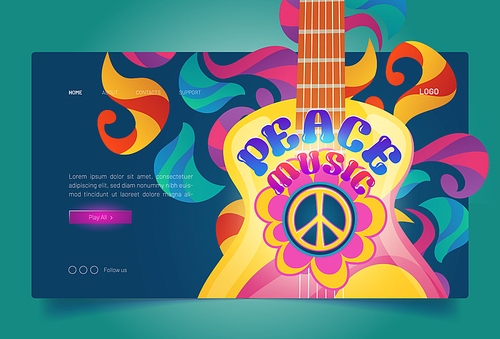 Peace music banner with hippie sign and guitar. Retro music of 60s and 70s in Woodstock festival style. Vector landing page with cartoon psychedelic pattern with flower and guitar