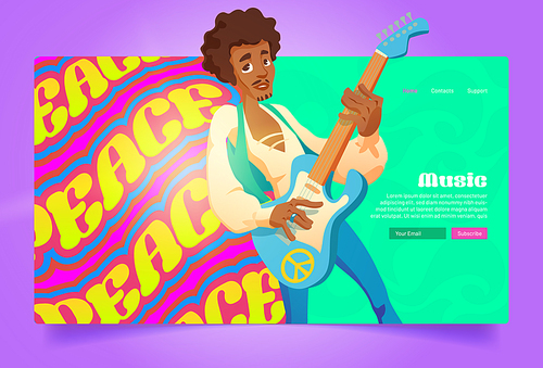Hippie peace music cartoon landing page, hippy black man playing guitar, singing song. Culture of sixties, retro style performance or disco party with flowerchild guitarist musician, Vector web banner